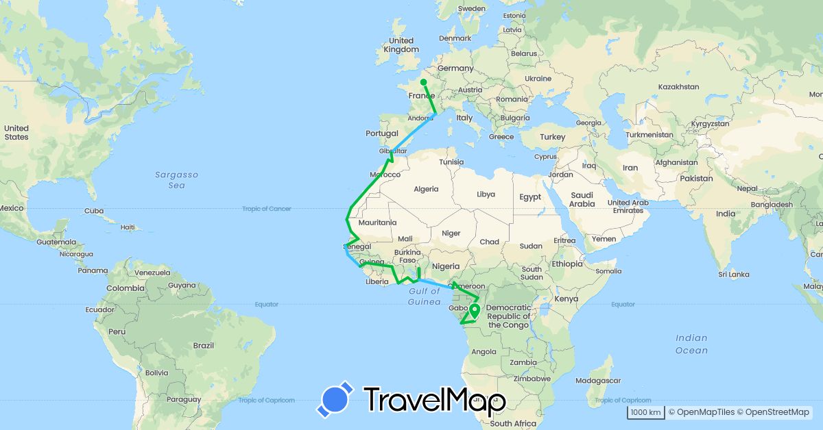 TravelMap itinerary: bus, boat in Republic of the Congo, Côte d'Ivoire, Cameroon, France, Ghana, Guinea, Morocco, Mauritania, Senegal, Togo (Africa, Europe)